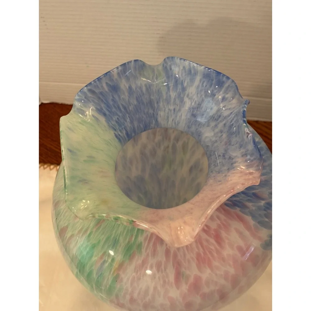 Arte Murano Glass Vase Ruffled Rim Confetti Blue Pink Green  11.75